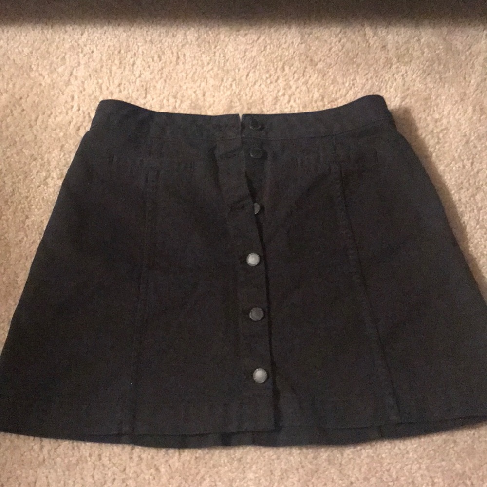 Black button-up, denim mini skirt